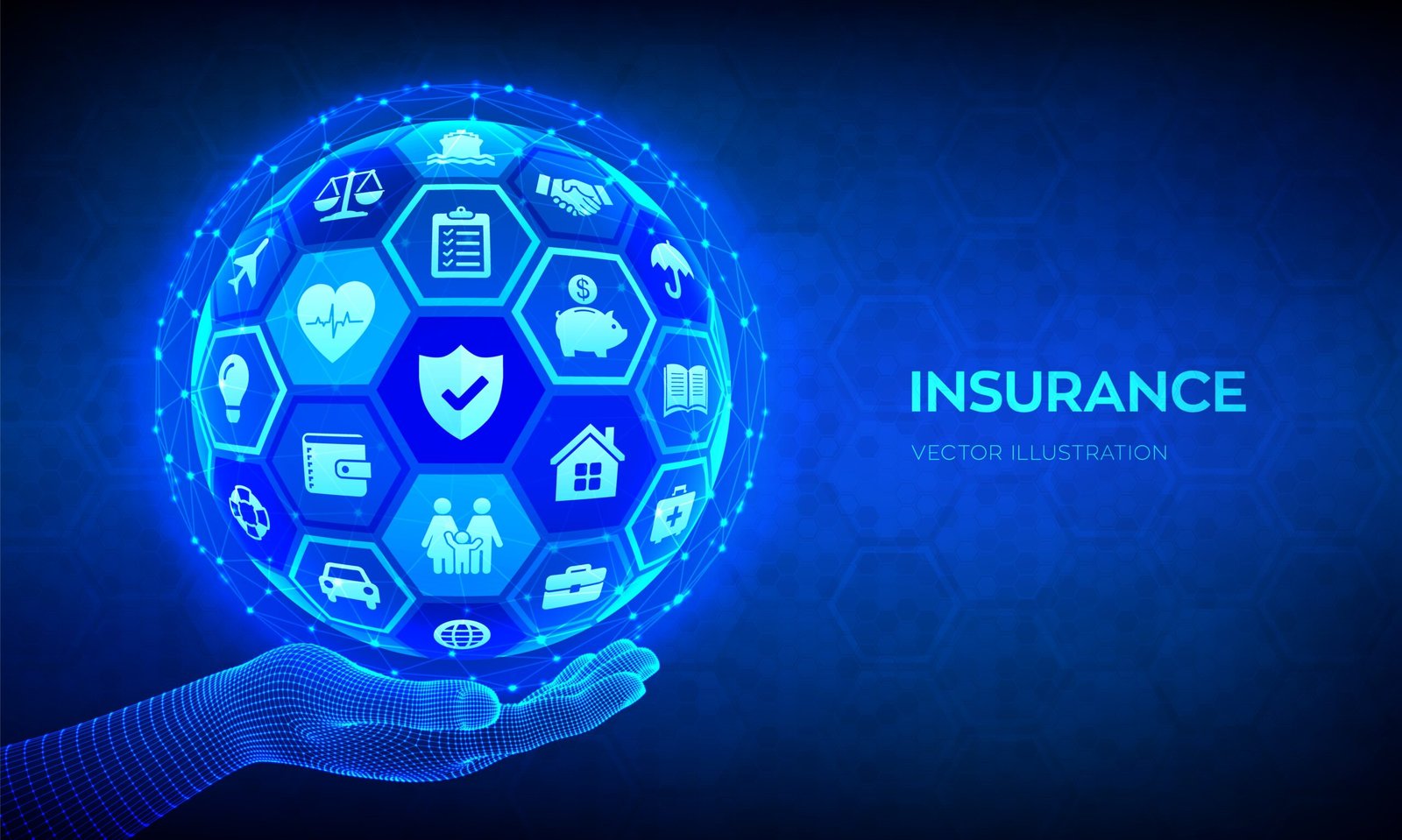 Insurance Services Concept. Car, travel, family, real estate, education, intellectual property, financial and health insurance. Abstract 3D sphere or globe with icons in hand. Vector illustration