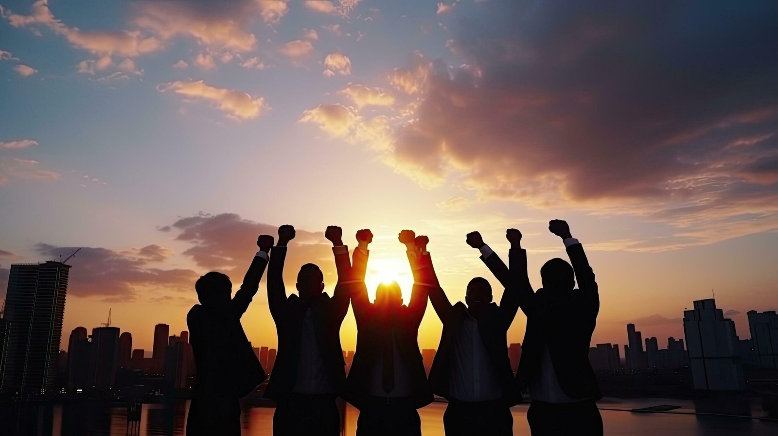 group-of-business-team-members-raising-hands-in-the-sunset-sky-background-to-depict-teamwork-free-photo